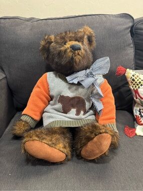 Handmade Fully Jointed Brown Teddy Bear with Orange Sweater